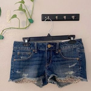 American Eagle Jean Shorts, with gold sequin peek-a-boo pockets